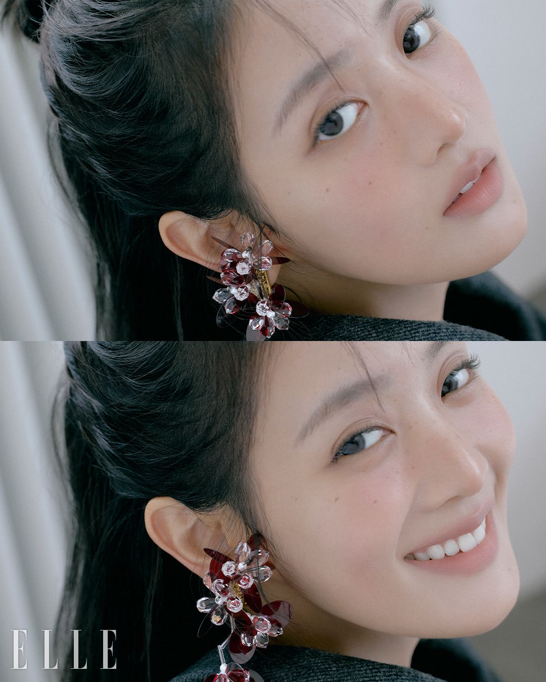 울 코트와 싱글 이어링은 모두 Miu Miu.
