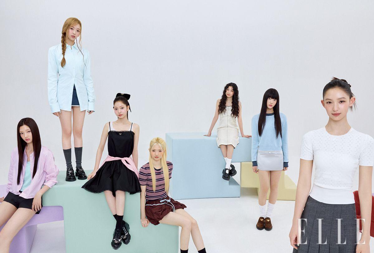 서연이 입은 핑크 셔츠는 Prada. 블루 이너 웨어 톱은 Okt. 그레이 팬츠는 Kiló. 엘레나가 입은 셔츠와 삭스, 슈즈는 모두 Prada. 그레이 스커트는 Ans Dotsloevner. 지아가 입은 블랙 리나일론 원피스와 화이트 이너 웨어 톱, 헤어핀과 슈즈는 모두 Prada. 카디건은 Sandy Liang. 서희가 입은 스트라이프 톱은 Prada. 벌룬 스커트는 Le Fame. 사키가 입은 원피스와 세아가 입은 블루 니트, 브라운 슈즈는 모두 Prada. 세아의 실버 스커트는 Lsoul. 이하늬가 입은 화이트 펀칭 톱은 JW Anderson. 스커트는 Prada. 그 외 아이템은 모두 스타일리스트 소장품.