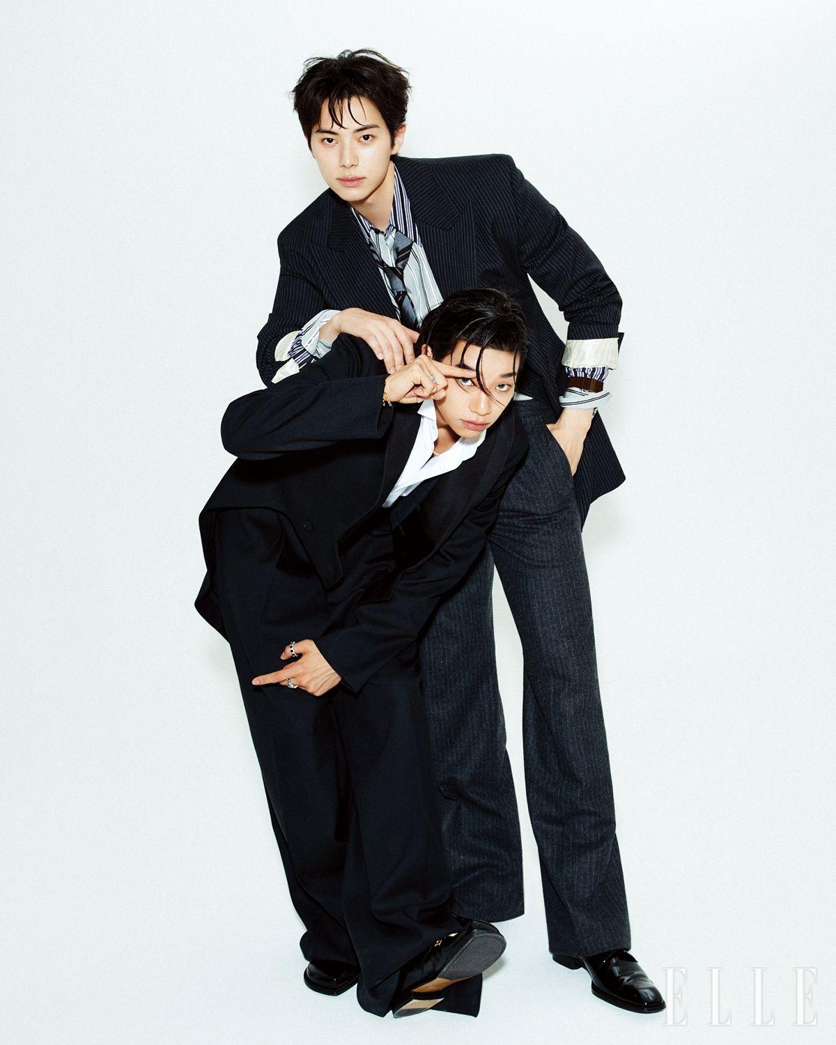 채민이 입은 의상은 모두 Saint Laurent by Anthony Vaccarello. 타잔이 입은 코트와 셔츠, 팬츠, 슈즈는 모두 스타일리스트 소장품. 