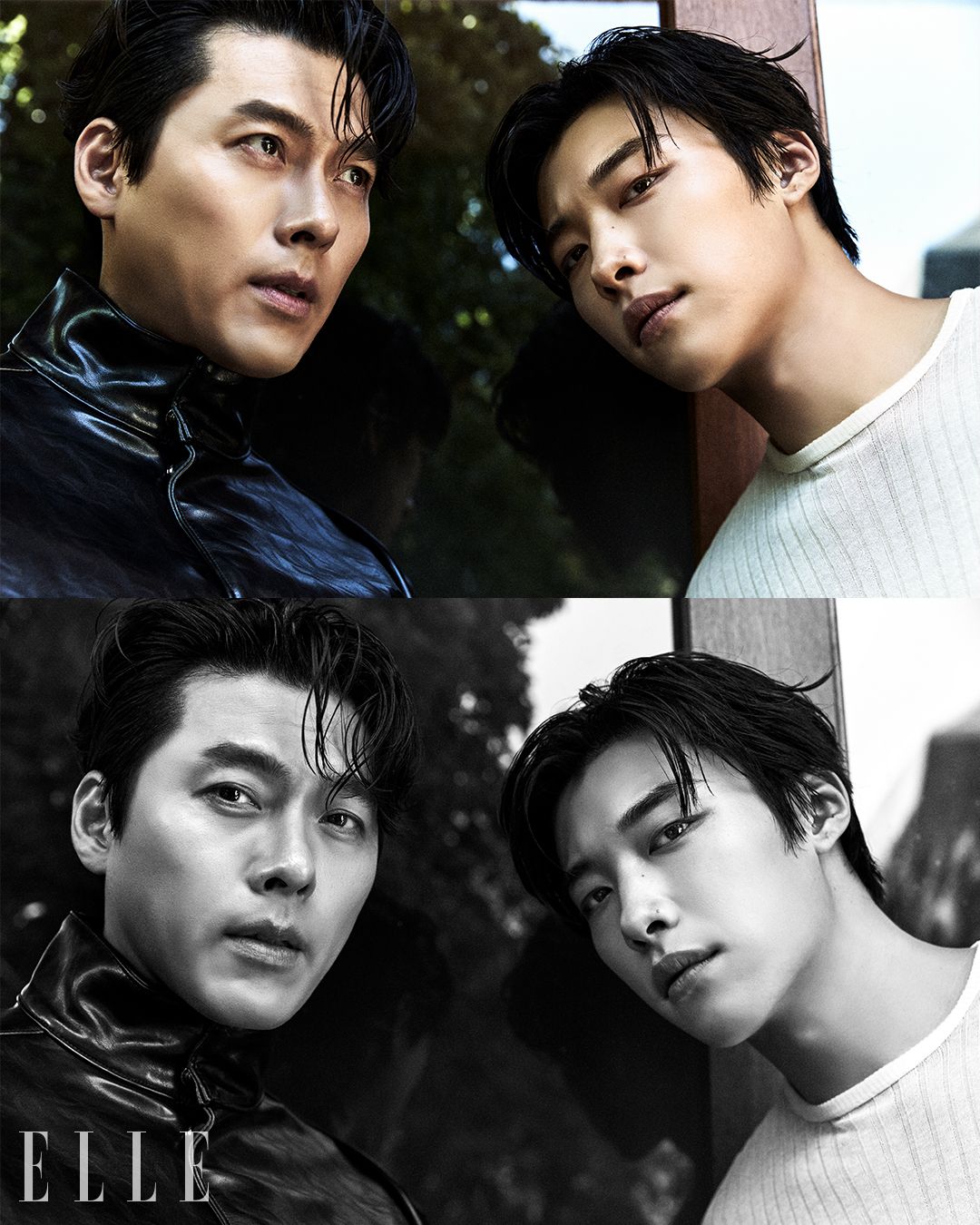 현빈이 입은 레더 재킷은 스타일리스트 소장품. 우도환이 입은 티셔츠는 Bottega Veneta.
