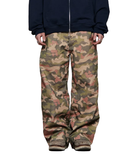WASHED BUTTON FLY WORK PANTS (CAMO)