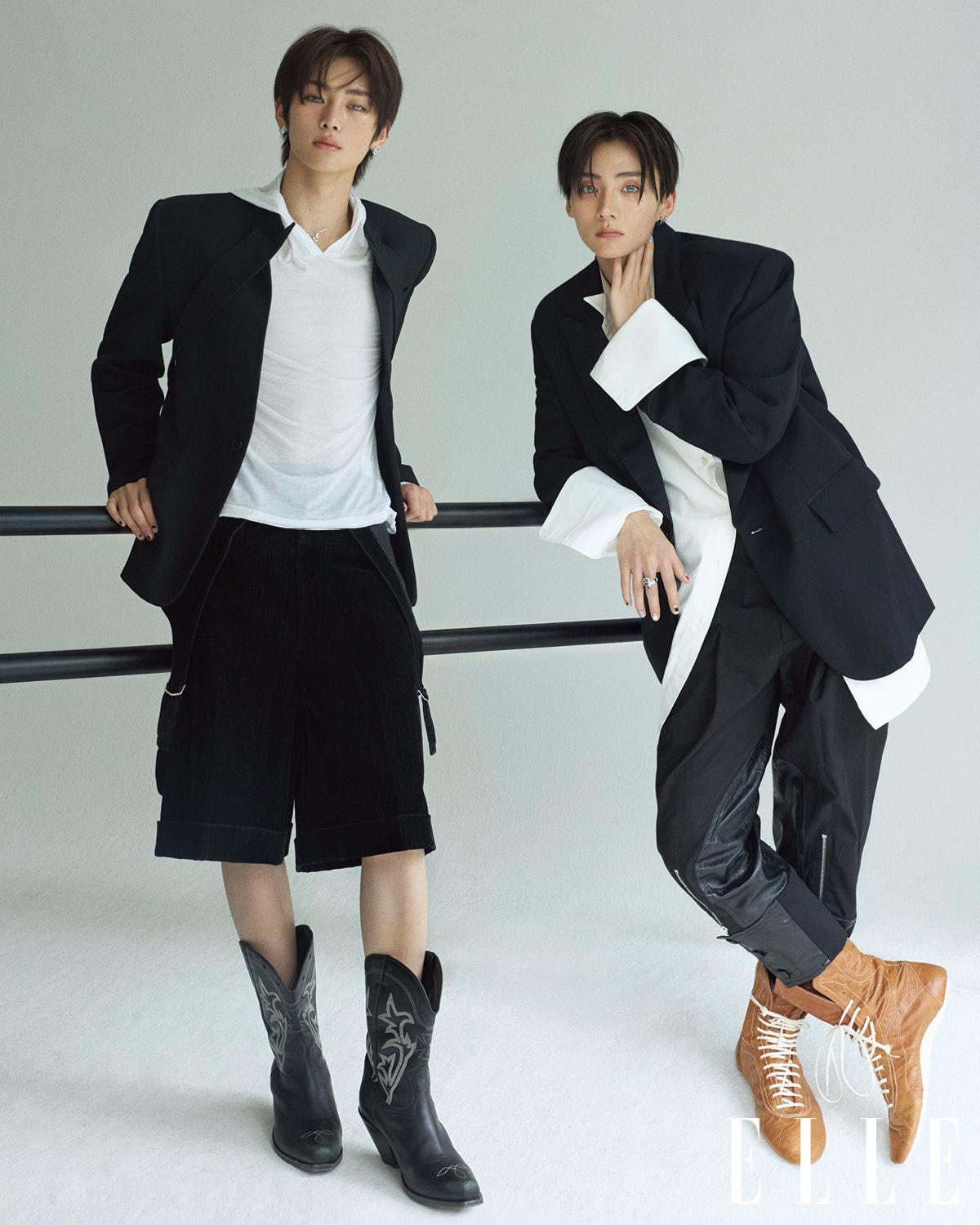 안신이 입은 재킷은 McQueen. 후디드 티셔츠는 Jaded London. 버뮤다 팬츠는 Ych. 카우보이 부츠는 Enfants Riches Déprimés. 레오퍼드 캣 스터드로 이뤄진 이어링, 2개의 마르퀴즈 컷 에메랄드가 세팅된 네크리스는 모두 Boucheron. 상원이 입은 턱시도 재킷과 셔츠는 모두 Coach. 팬츠는 Donggyun Hong. 벨트는 Jean Paul Gaultier. 하이톱 슈즈는 Dries Van Noten. 다이아몬드와 블랙 래커가 세팅된 레오퍼드 캣 모티프 링은 Boucheron.