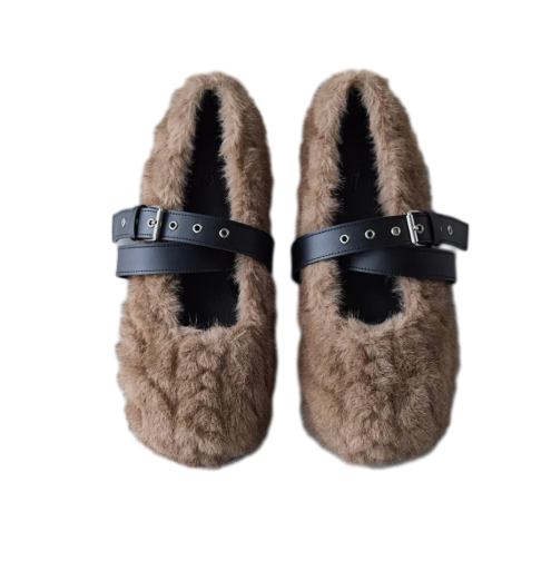 STRAP TOE FLAT - KNITTED FUR