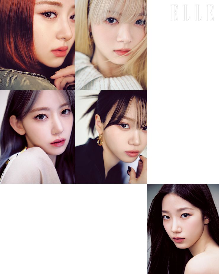 윤진이 입은 코트, 은채가 입은 플리츠 칼라 드레스와 이어링, 사쿠라가 입은 베이지 톱, 채원이 입은 블랙 재킷과 골드 이어링은 모두 Louis Vuitton.