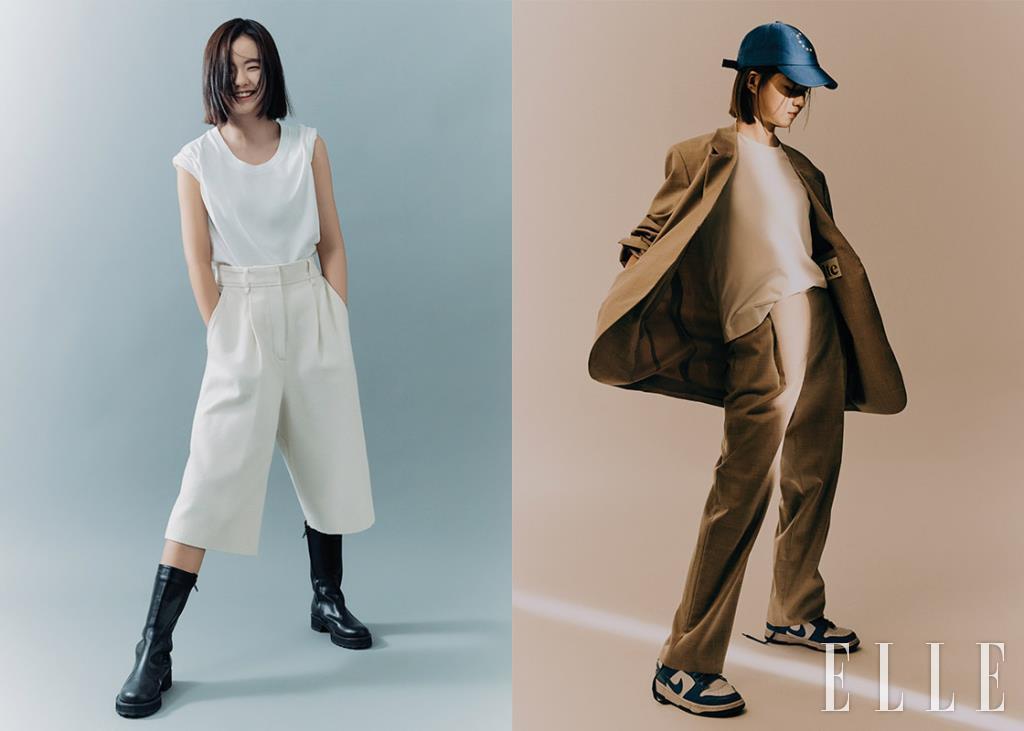 버뮤다 쇼츠는 COS. 톱과 부츠는 모두 Urbanic 30. 베이지 재킷과 팬츠는 모두 Alte. 티셔츠는 COS. 스니커즈는 Nike. 모자는 Souvenir.