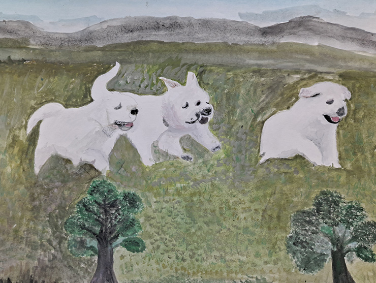 <동물농장>과 <개는 훌륭하다> 등 동물 예능 프로그램 애청자인 할머니. <들에서 뛰노는 강아지들> 그림에서도 동물 사랑이 오롯이 느껴진다.