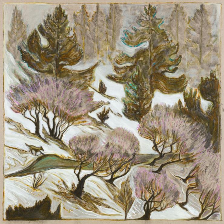 BILLY CHILDISH, 'Wolf, Trees and Road', 2019, Oil and charcoal on linen, 72.05 x 72.05 inches(183 x 183 cm), Courtesy the artist and Lehmann Maupin, New York, Hong Kong, and Seoul