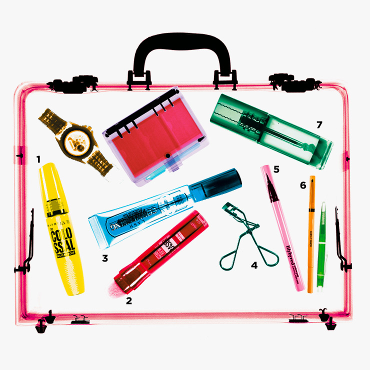 1 콜로썰 워터프루프 마스카라, 1만5천원대, Maybelline New York. 2 에이지 리와인드 쿠션봉 컨실러, 150 뉴트럴라이져, 1만6천원, Maybelline New York. 3 래쉬 코렉팅 마스카라, 01 하이퍼 컬링, 1만6천원, Holika Holika. 4 아이래쉬 컬러 프로, 1만9천원대, Shiseido. 5 나인투나인 서바이벌 펜라이너, 02 매트브라운, 1만1천원, Lilybyred. 6 하드 스키니 브로우 스타일러, 02 카카오 브라운, 1만2천원, Chica Y Chico. 7 앙크르 앵떼르디뜨 립 잉크, N02, 4만6천원대, Givenchy Beauty. 