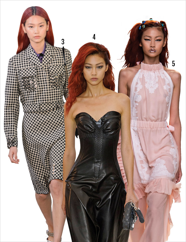 3 보테가 베네타 2018 S/S 컬렉션 오프닝 모델로 등장한 정호연. 4 2017 S/S 파리 패션위크에서 루이 비통 독점 모델로 발탁됐다. 5 시그너처 레드 헤어로 포인트를 준 펜디 2017 S/S 패션쇼.