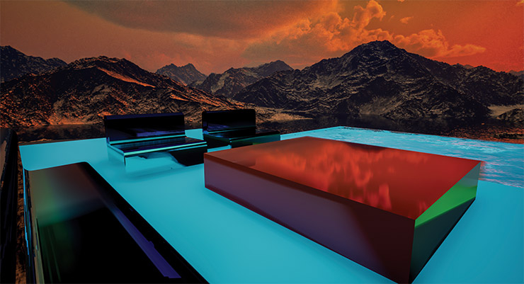 ‘마스 하우스’의 루프톱 테라스. 화성을 연상시키는 붉은 하늘과 험준한 산세가 한눈에 들어오는 휴식 공간. 