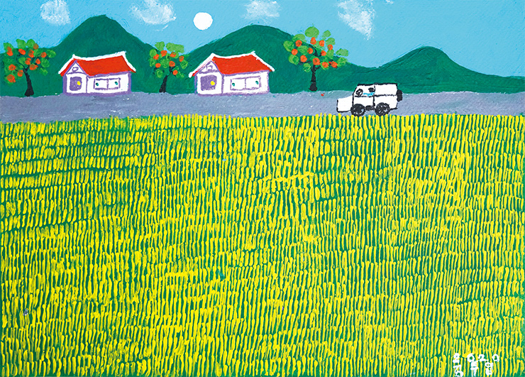 세밀한 표현을 위해 쪽가위로 털끝을 살짝 잘라낸 붓으로 그린 <황금 들녘>, 2020.