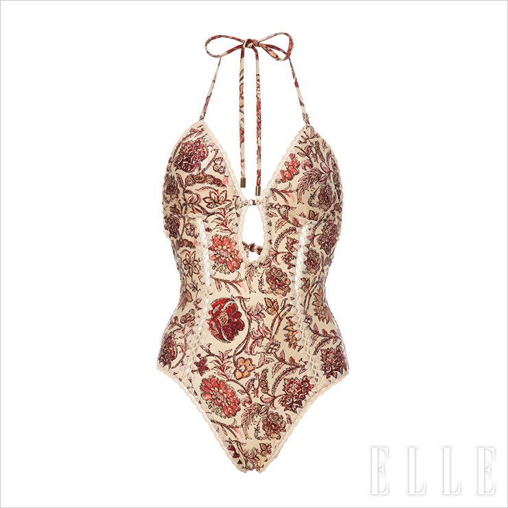 에스닉한 플라워 패턴이 인상적인 홀터넥 스윔수트는 57만원, Zimmermann by Boontheshop.