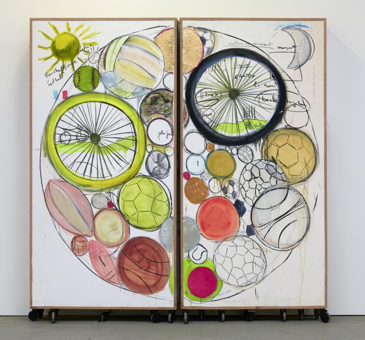 Fabrice Hyber, Polyptyque du sport, 2018, detail Watercolour, charcoal, oil paint, pastel and color pencil on canvas, wooden support, golden leaf, silver leaf, 200 x 700 cm (opened)