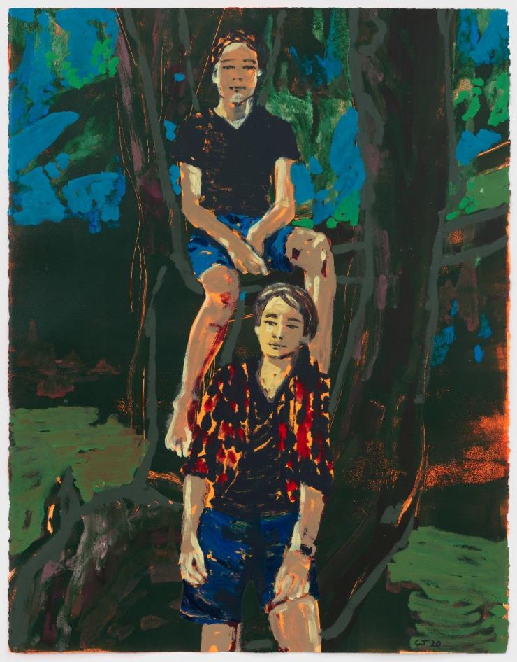 CLAIRE TABOURET,'Zino and Enea(blue)', 2020 Acrylic and ink on paper, 55 x 42 inches(139.7 x 106.7 cm) Photo: ©Marten Elder Courtesy of the artist and Perrotin