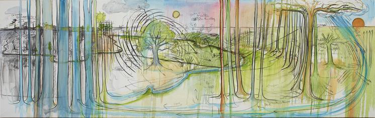 Fabrice Hyber, Paysage biographique de la Vallee, 2022 Charcoal, oil paint, and pastel on canvas, 220 x 700 cm