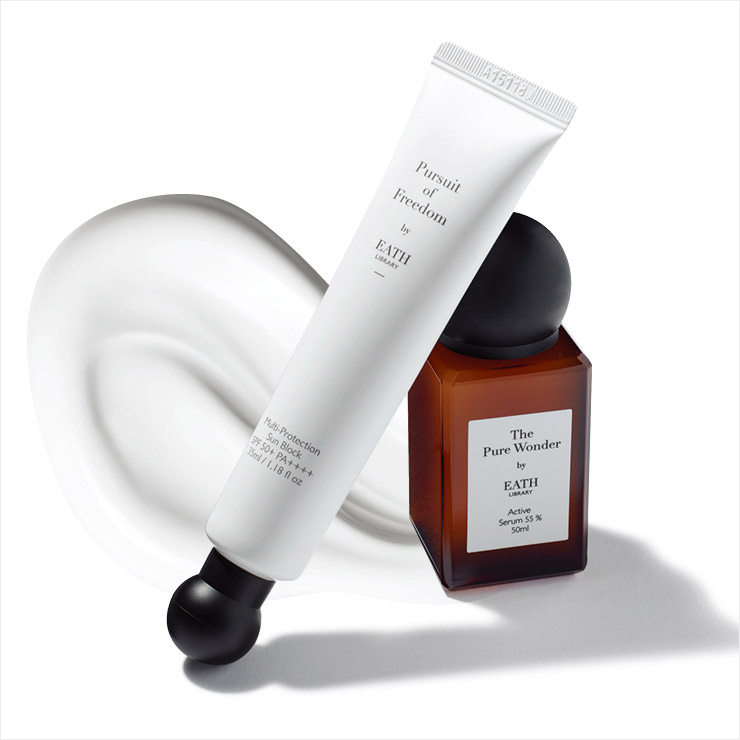 퍼수트 오브 프리덤 멀티 프로텍션 선블록 SPF 50⁺/PA⁺⁺⁺⁺, 7만3천원, 더 퓨어 원더 액티브 세럼 55%, 15만원, 모두 Eath Library.