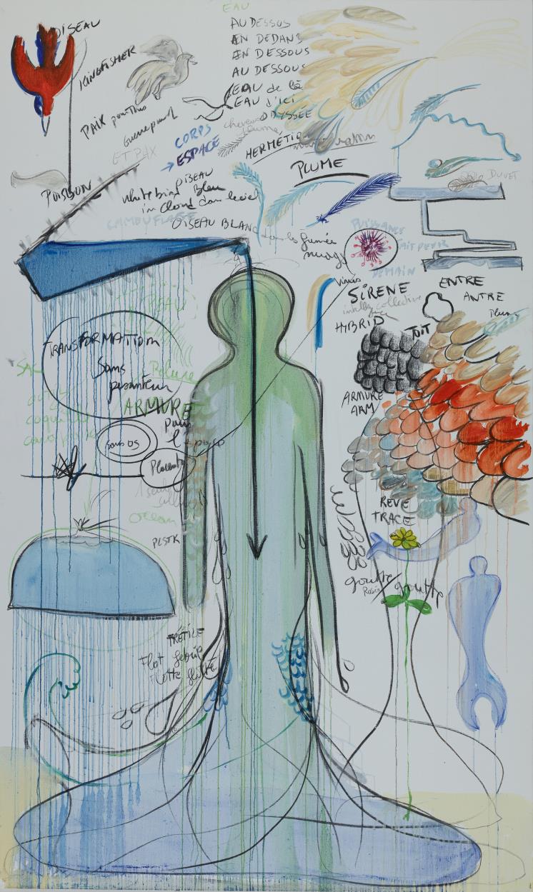 Fabrice Hyber, Placenta, 2017 Watercolour, charcoal, oil paint, gold on canvas 250 x 150 cm