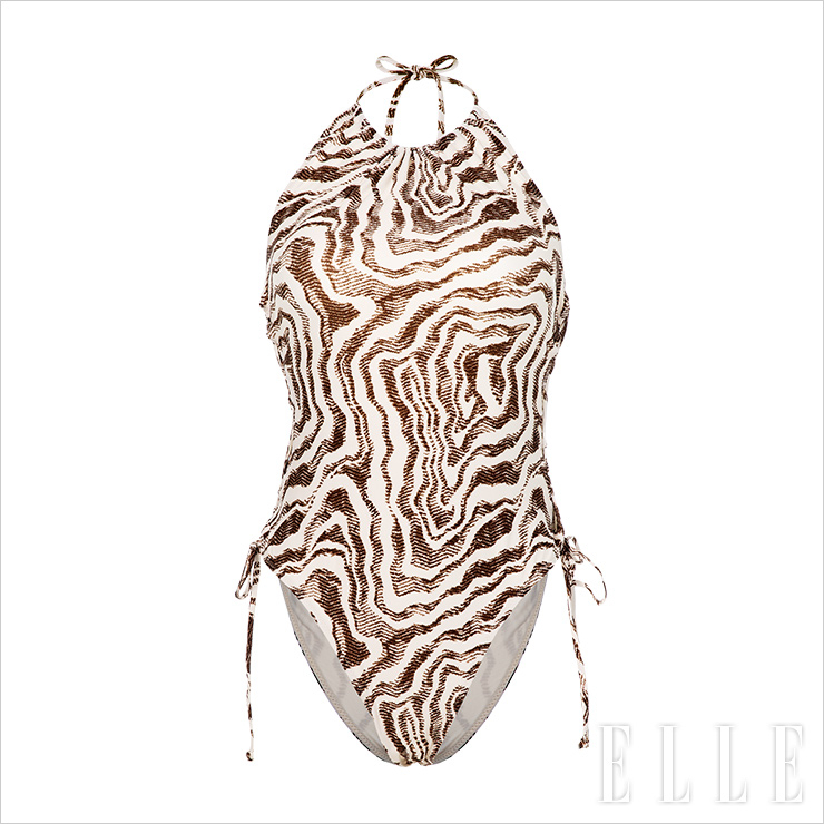 마블 패턴의 홀터넥 스윔수트는 30만원, Ganni by Beaker.