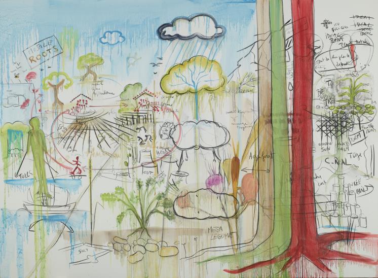 Fabrice Hyber, L’Invention de l’agriculture, 2022 Watercolour, charcoal, oil paint on canvas, mounted paper, 220 x 300cm