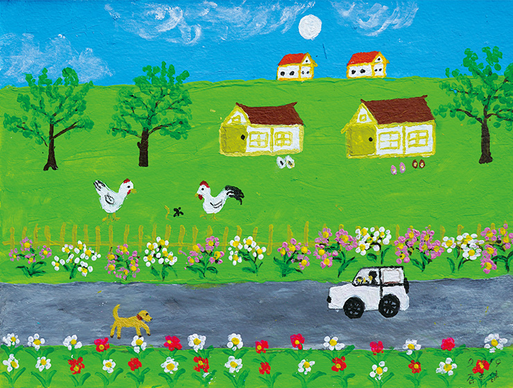 아들의 하얀색 사륜차와 반려견 칠복이를 함께 그려넣은 <동네 드라이브>, 2019.