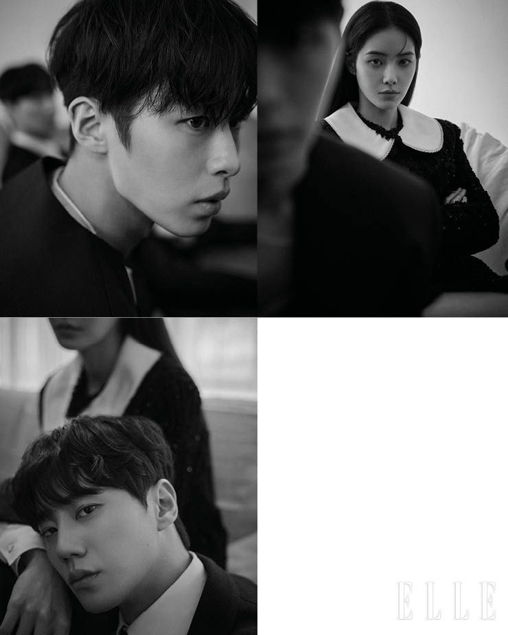 이재욱이 입은 재킷은 We11done. 이너 웨어 톱은 Wooyoungmi. 홍수주가 입은 트위드 드레스는 Dolce & Gabbana. 이준영이 입은 재킷과 셔츠는 모두 Alexander McQueen. 