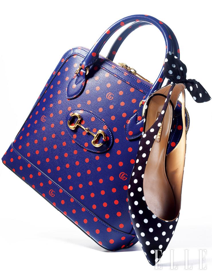 도트 무늬 1955 홀스빗 미디엄 백은 가격 미정, Gucci. 도트 패턴의 플랫 슈즈는 77만원, Aquazzura by Hanstyle.com.