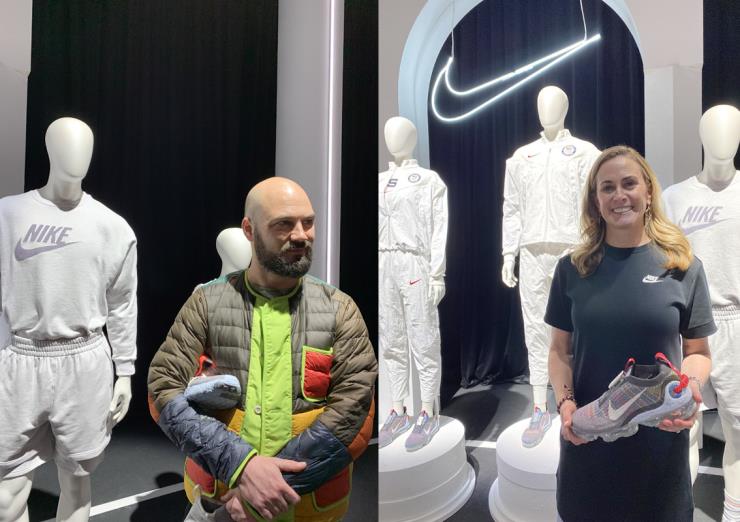 자랑스럽게 스페이스 히피 컬렉션을 소개하며 미소를 보이는 나이키 지속가능성 혁신 부문 시니어 노아 머피 레인하트(왼쪽)와 부사장 시에나 한나(오른쪽)