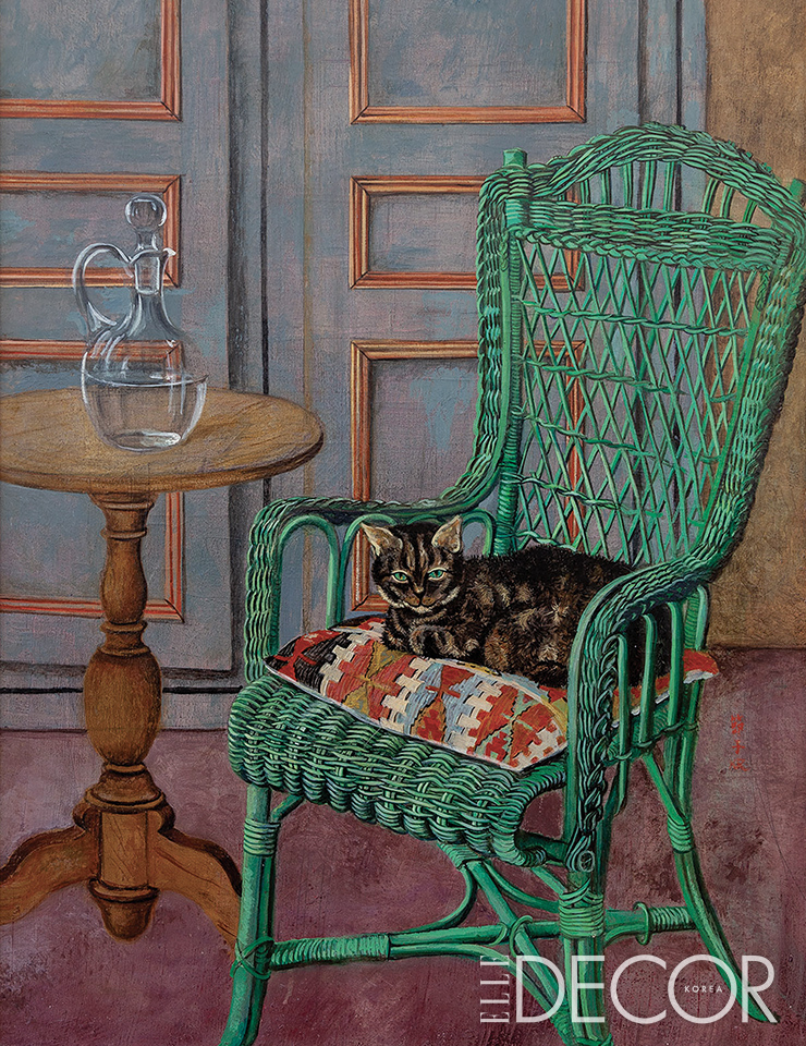 세츠코의 그림 ‘Chat assis sur fauteuil en osier vert’(1996~1997), Gouache on canvas. Zarko Vijatovic, Courtesy of Gagosian/©Setsuko