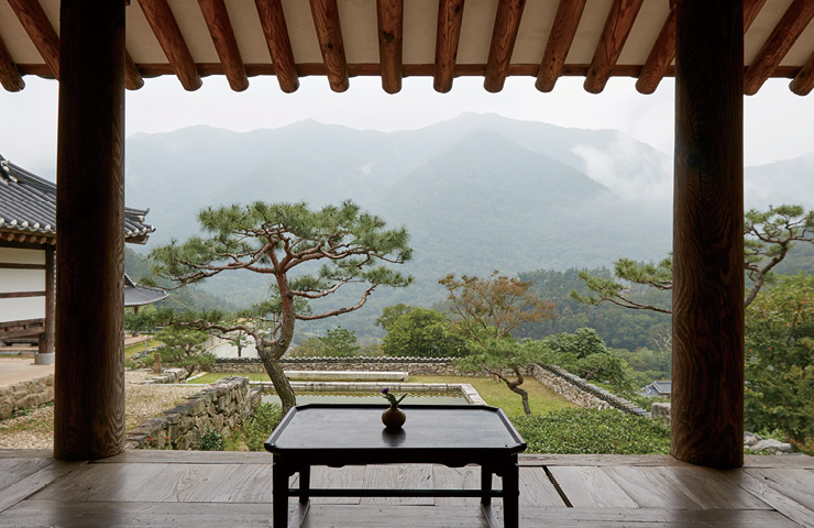 안채(설화당)의 마루에 앉으면 아름드리 소나무와 산자락이 한눈에 보인다.