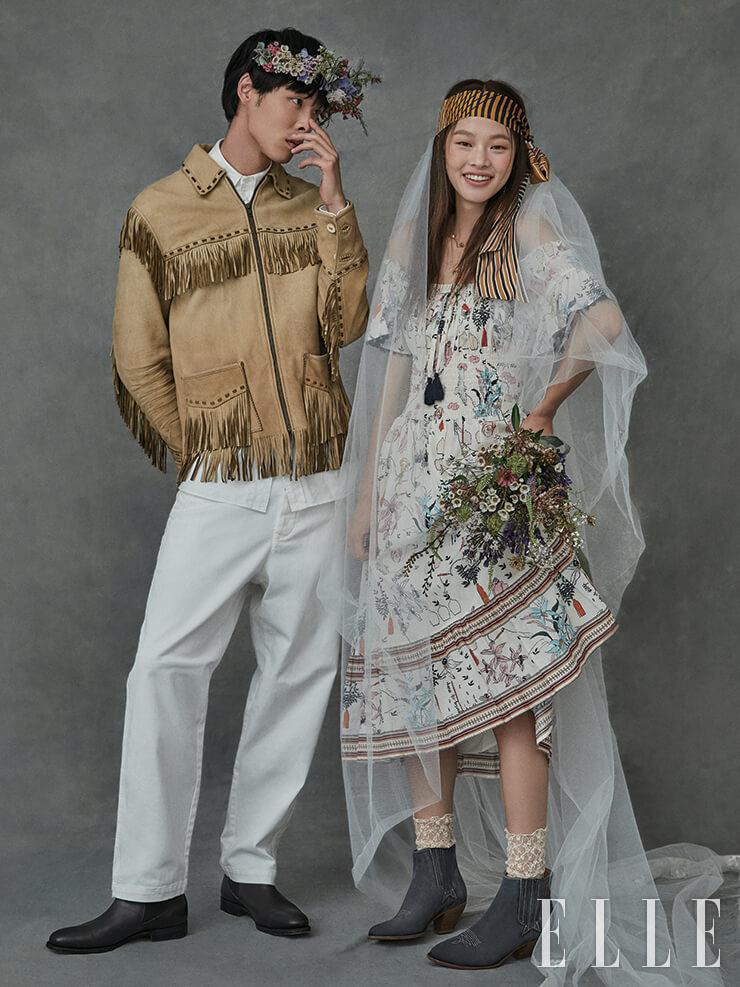 박진이 입은 프린지 블루종과 화이트 셔츠, 앵클부츠는 가격 미정, 모두 Polo Ralph Lauren. 데님 팬츠는 33만5천원, Barena by Beaker. 김아현이 입은 오프숄더 드레스는 57만8천원, Tory Burch. 헤어밴드로 연출한 스카프는 가격 미정, Hermès. 골드 네크리스와 이어링은 가격 미정, 모두 Atelier Swarovski. 베일은 가격 미정, Maison Reve. 앵클부츠는 가격 미정, Golden Goose. 삭스는 스타일리스트 소장품.