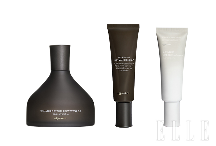 (왼쪽부터) 시그니처 에스투드 프로텍터 5.2, 시그니처 실트 벨 크렘 2.7, 시그니처 비트 로제 선스크린으로 구성된 모공축소 3주 패키지. 7만9천8백원(프로모션 특별가), 디마르3.