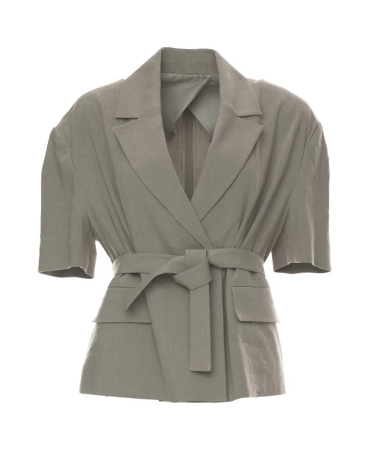 동그란 어깨 셰이프가 페미닌한 반팔 리넨 재킷은 24만8천원, Maisonmarais.