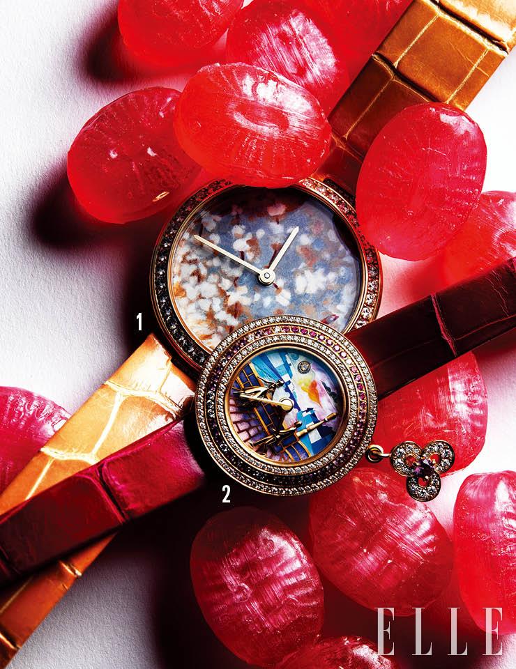 1 76개 브릴리언트 컷 다이아몬드를 베젤에 세팅한 지름 35mm 크기의 ‘에크리뛰르 드 쇼메’ 워치는 1억원대, Chaumet. 2 베젤에 다이아몬드와 핑크 사파이어를 빼곡하게 장식한 핑크골드 소재의 ‘참 로맨스 파리지엔 렁콩트르’ 워치는 7천만원대, Van Cleef & Arpels. 