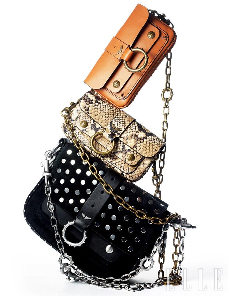 탠 컬러의 케이트 월렛은 57만9천원, 스네이크 패턴의 케이트 웰렛 와일드는 69만9천원, 레더와 체인, 두 종류의 스트랩이 달려 있어 다양한 연출이 가능한 스터드 장식의 케이트 사첼 백은 97만9천원, 모두 Zadig&Voltaire. 