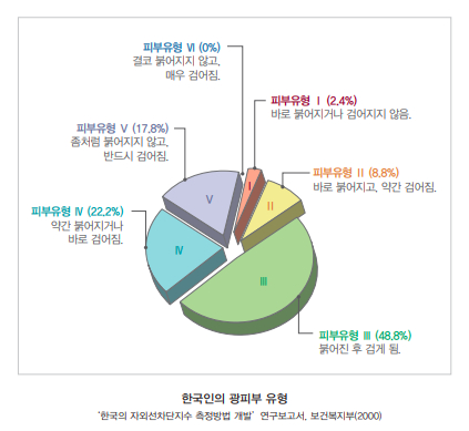 피츠패트릭 피부 유형 1~2 에 해당하는 사람은 자외선 지수가 낮아도 차단에 유의해야 한다. ©식품의약품안전처