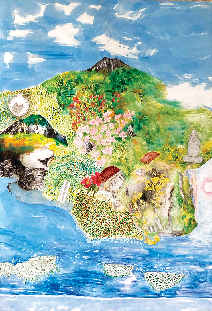 2019년 전시를 위해 제작된 서귀포시 이미지. 한라산, 산방산, 정방폭포, 귤밭과 동백꽃, 성산일출봉, 범섬, 문섬, 그리고 섶섬을 손녀 양수인 씨와 함께 그렸다. 장지에 물감과 오일 파스텔, 색연필을 사용한 의미있는 작업