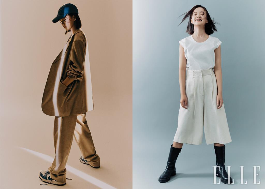 버뮤다 쇼츠는 COS. 톱과 부츠는 모두 Urbanic 30. 베이지 재킷과 팬츠는 모두 Alte. 티셔츠는 COS. 스니커즈는 Nike. 모자는 Souvenir.