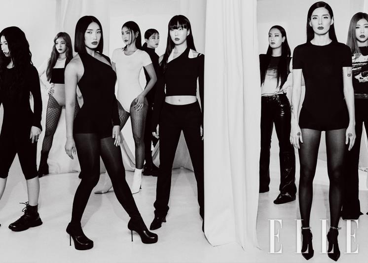 (왼쪽부터) 헤일리 보디수트는 H&M, 슈즈는 ASH. 로지의 뷔스티에 롱 슬리브리스 Romanchic. 립제이 보디수트와 레깅스는 스타일리스트 소장품, 슈즈는 Toga X H&M. 함지의 화이트 보디수트와 스타킹 스타일리스트 소장품, 슈즈는 Rachel cox. 케이데이의 보디수트는 H&M, 슈즈는 Ash. 다이아의 언밸런스 슬리브리스와 팬츠 모두 Graufeder, 화이트 홀터넥 슬리브리스 스타일리스트 소장품, 슈즈는 Rekken. 민지의 프린트 슬리브리스는 Graufeder, 에나멜 팬츠 Sugi, 슈즈는 Rachel cox. 모니카 보디수트와 레깅스 모두 스타일리스트 소장품, 슈즈는 Christian Louboutin. 지민의 프린트 슬리브리스는 Graufeder, 팬츠는 Kijun, 슈즈 Rekken.