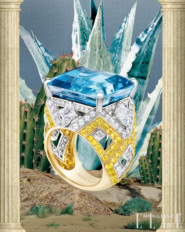 194캐럿 이상의 아콰마린과 옐로 사파이어를 세팅한 ‘드리프트’ 링은 LOUIS VUITTON HIGH JEWELRY.
