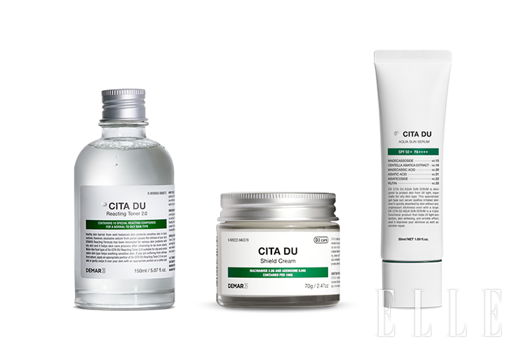 (왼쪽부터) 디마르3 DX 시타 듀 리엑팅 토너 2.0, 시타 듀 실드 크림, DX 시타 듀 아쿠아 선 세럼으로 구성된 피지케어 3주 패키지. 5만9천8백원, 디마르3.