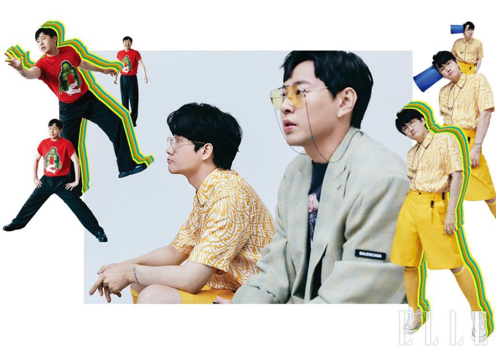 (왼쪽) 이진호가 입은 레드 컬러 티셔츠와 와이드 팬츠는 모두 스타일리스트 소장품. 스퀘어 토 슈즈는 Yowe. (오른쪽) 이용진이 입은 로고 플레이 패턴 셔츠, 옐로 컬러 쇼츠, 니 삭스는 모두 Fendi. 안경은 Raventears. 하이탑은 Converse. 이진호가 입은 티셔츠와 오버사이즈 블레이저는 스타일리스트 소장품. 틴트 렌즈 선글라스와 안경 체인은 모두 Raventears.