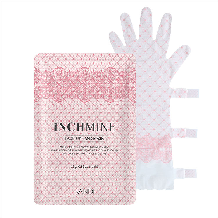 손의 큐티클부터 팔꿈치까지 한 번에 관리할 수 있는 인치마인 레이스 업 핸드 마스크, 5개입, 5만원, Bandi.