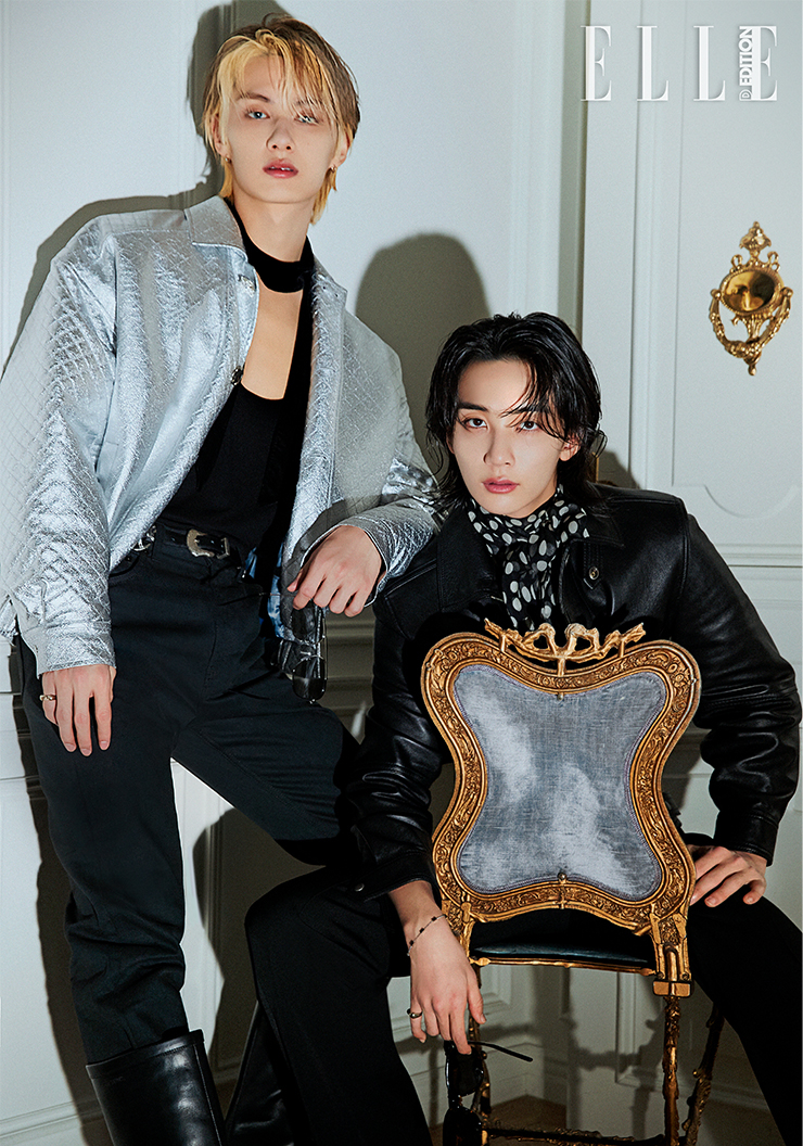준이 입은 슬리브리스 톱과 팬츠는 SAINT LAURENT BY ANTHONY VACCARELLO. 실버 재킷은 NICHE2NIGHT. 벨트는 TOGA. 슈즈는 RAF SIMONS. 선글라스는 FENDI. 스카프는 Tatiana. 정한이 입은 도트 스카프 톱, 블랙 레더 재킷, 팬츠, 선글라스, 브레이슬릿 모두 SAINT LAURENT BY ANTHONY VACCARELLO.