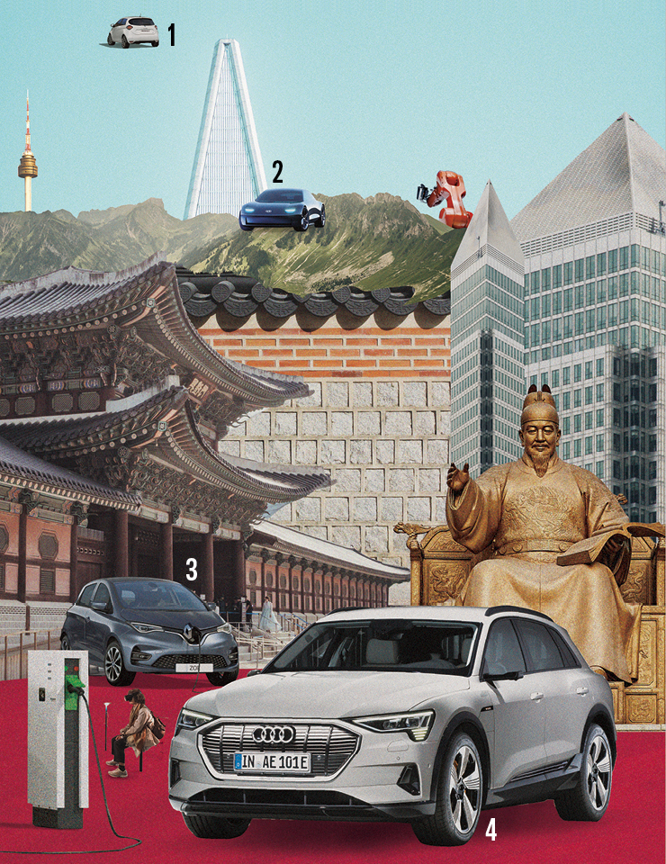  1, 3 르노 조에. 2 현대자동차가 공개한 아이오닉6 컨셉트 이미지. 4 아우디 e트론 55 콰트로.