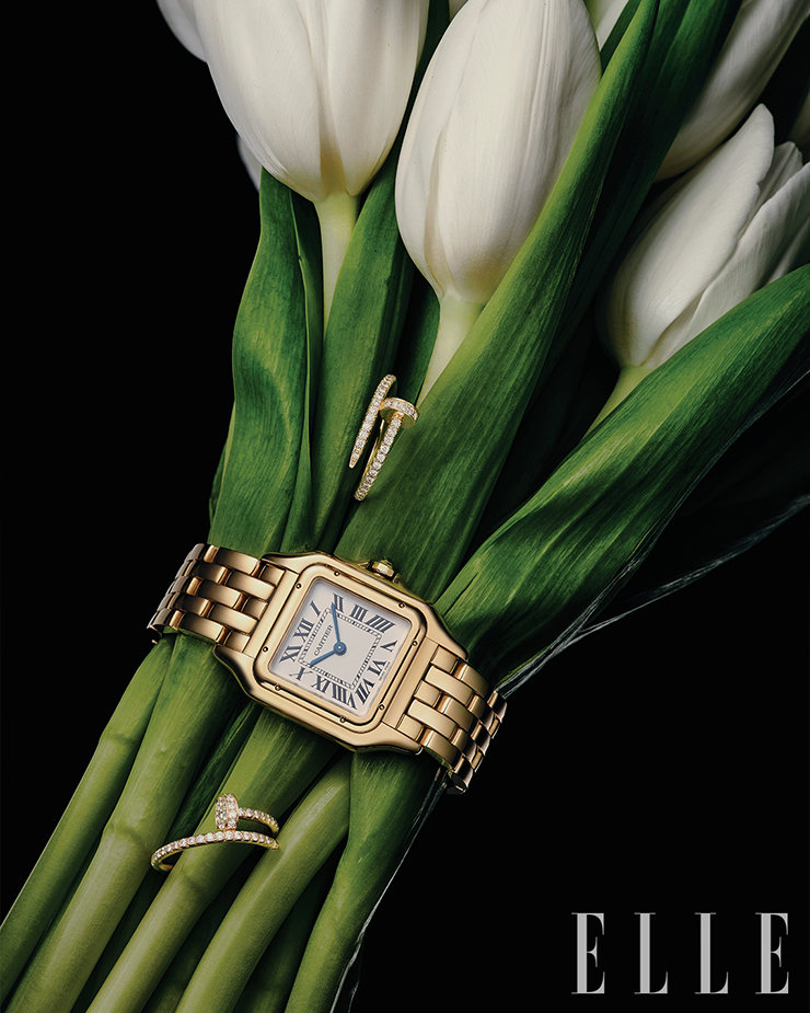 옐로 골드 소재의 팬더 드 까르띠에 워치, 위쪽의 화이트 골드에 다이아몬드를 세팅한 저스트 앵 끌루 링, 핑크 골드에 다이아몬드를 세팅한 저스트 앵 끌루 링은 모두 Cartier.