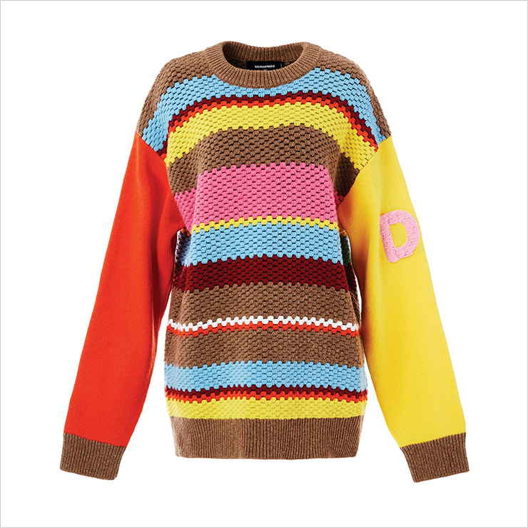 비비드한 컬러 베리에이션을 강조한 스웨터는 1백15만원대, Dsquared2.
