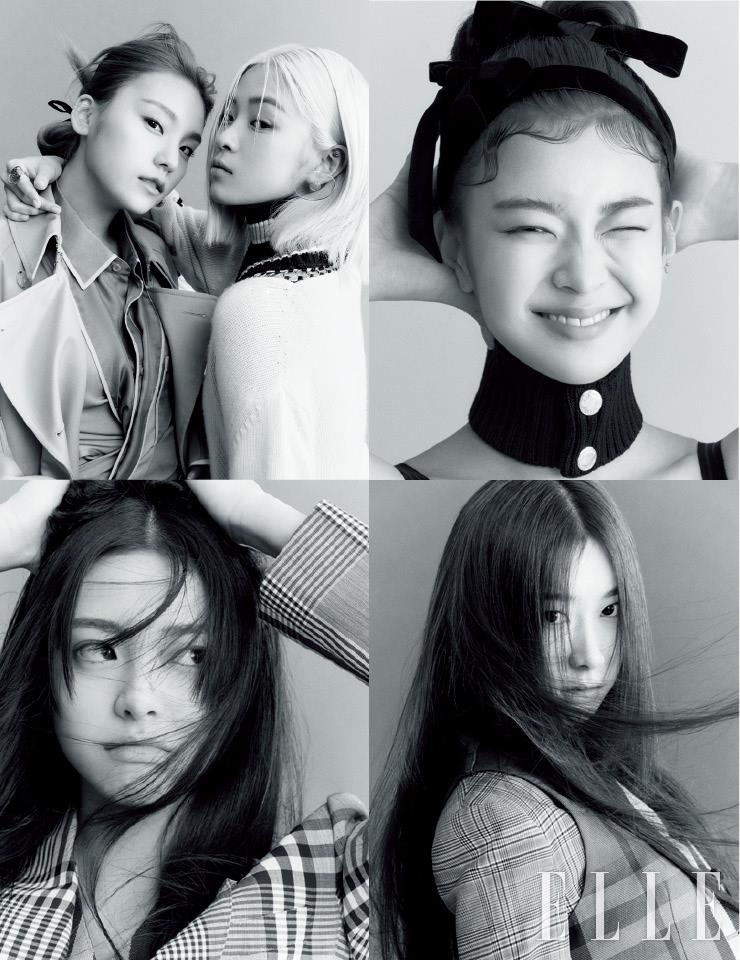 예지가 입은 트렌치코트와 셔츠. 류진이 입은 니트 톱과 울 칼라 스카프, 이어링, B 로고 링. 리아가 입은 코르셋 드레스와 버튼 디테일의 울 칼라 스카프. 유나가 입은 체크 재킷. 채령이 입은 테일러드 재킷과 베스트는 모두 Burberry.