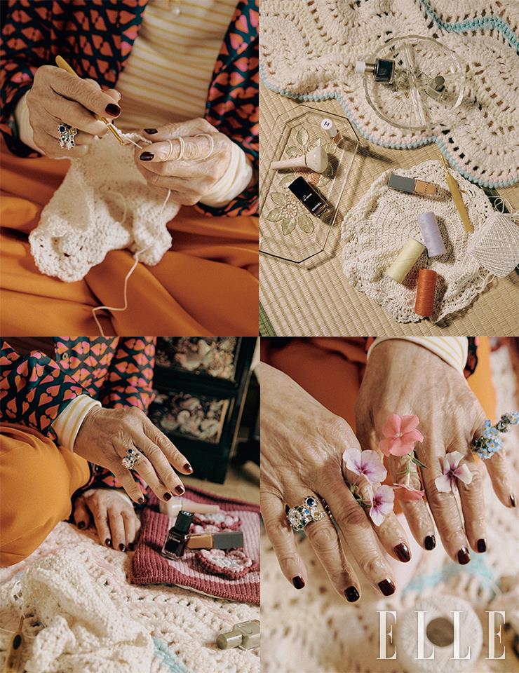 (오른쪽 상단 이미지 속 왼쪽부터 시계 방향으로) 푹 끓인 단팥죽 같은 버건디 레드 컬러 르 베르니, 18 루쥬 느와르, Chanel. 인절미를 연상시키는 크리미한 색상의 네일 래커는 베르니 아 옹글, 218 세실리아 아이보리, Gucci Beauty. 단호박빛 색감이 돋보이는 매니큐어는 글로우 업 네일 컬러, 어웨이크닝, Hince. 동그란 접시에 놓인 흑임자 컬러의 레 맹 에르메스 네일 에나멜, 84 그리 에뗑 메탈 리미티드 에디션, Herm&egrave;s. 쑥으로 곱게 빚은 떡이 생각나는 네일 폴리시는 무드 페블 네일, 4 머드 그린, Rom & nd. 손뜨개 실과 함께 세팅한 네일 폴리쉬, 136 헤로인 허니, Three. 네일 래커를 담은 유리 트레이는 모두 Bigsleep.