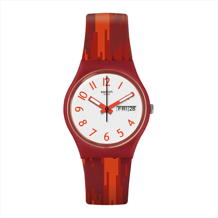 불꽃을 모티프로 한 그래픽 패턴의 손목시계는 8만4천원, Swatch.