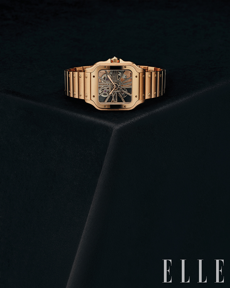 스켈레톤 다이얼이 구조적인 아름다움을 선사하는 핑크 골드 소재의 산토스 드 까르띠에 워치는 Cartier.